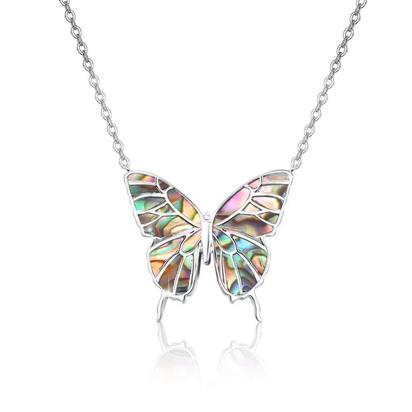 Butterfly Necklace, with clear link chain, Multi colors inlay Abalone Pendant - Picture 2 of 6